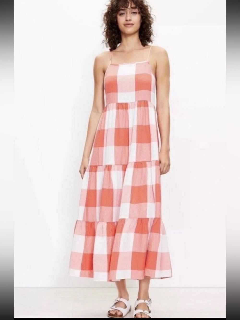 Lou & Grey Coral White Gingham Tiered Maxi Dress